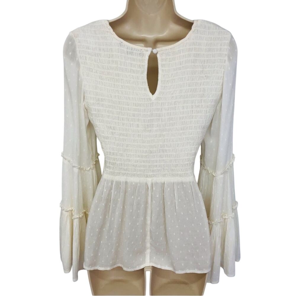 American Eagle Ivory Smocked Top Bell Sleeves Boho inspired Gauzy Dotted Swiss - Picture 2 of 16